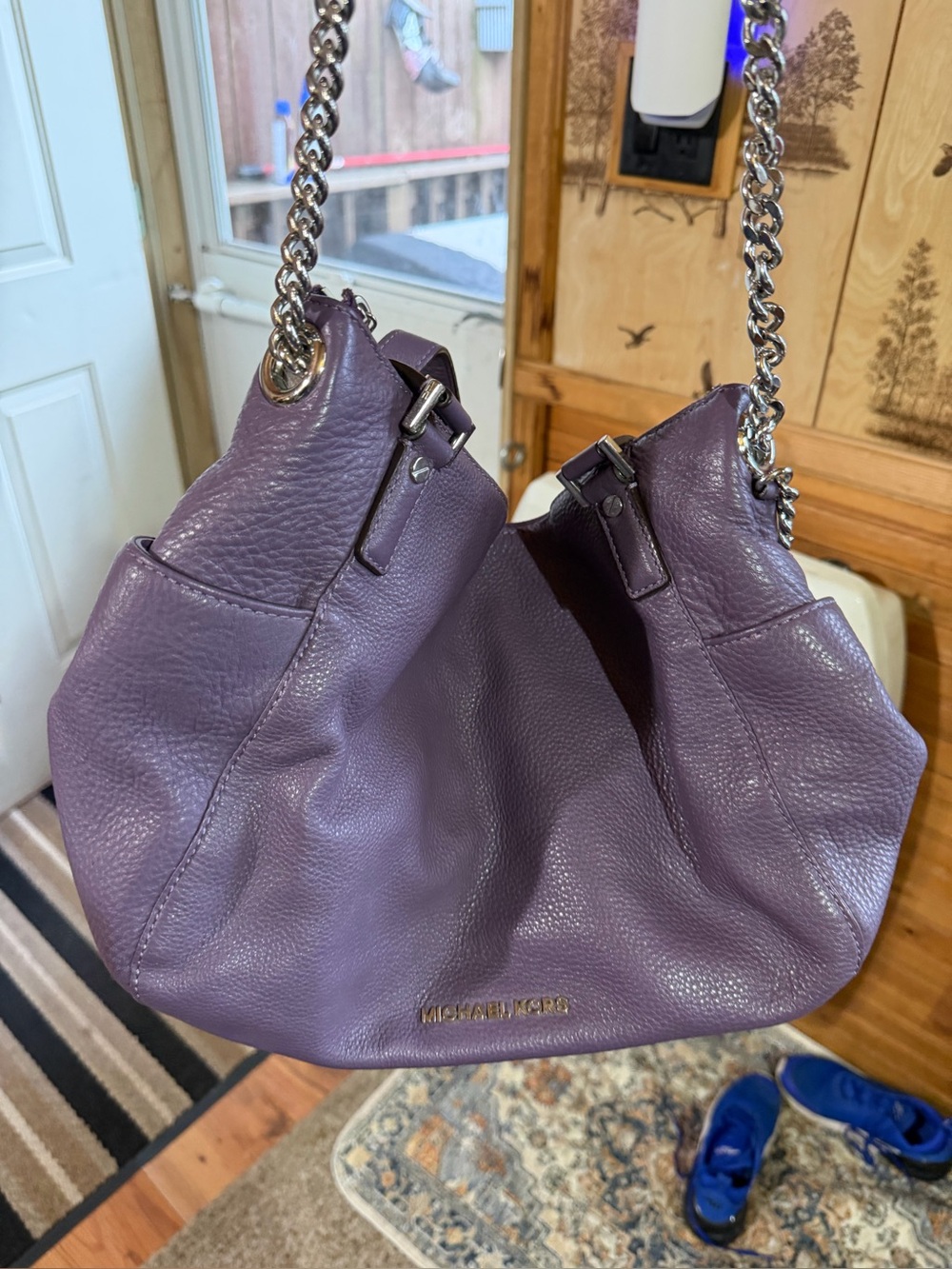 Michael Kors Purple Pebbled Leather Shoulder Hobo with Silver Chain Straps
